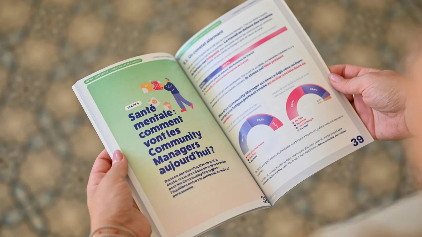 Hands holding an open printed booklet with charts and sections