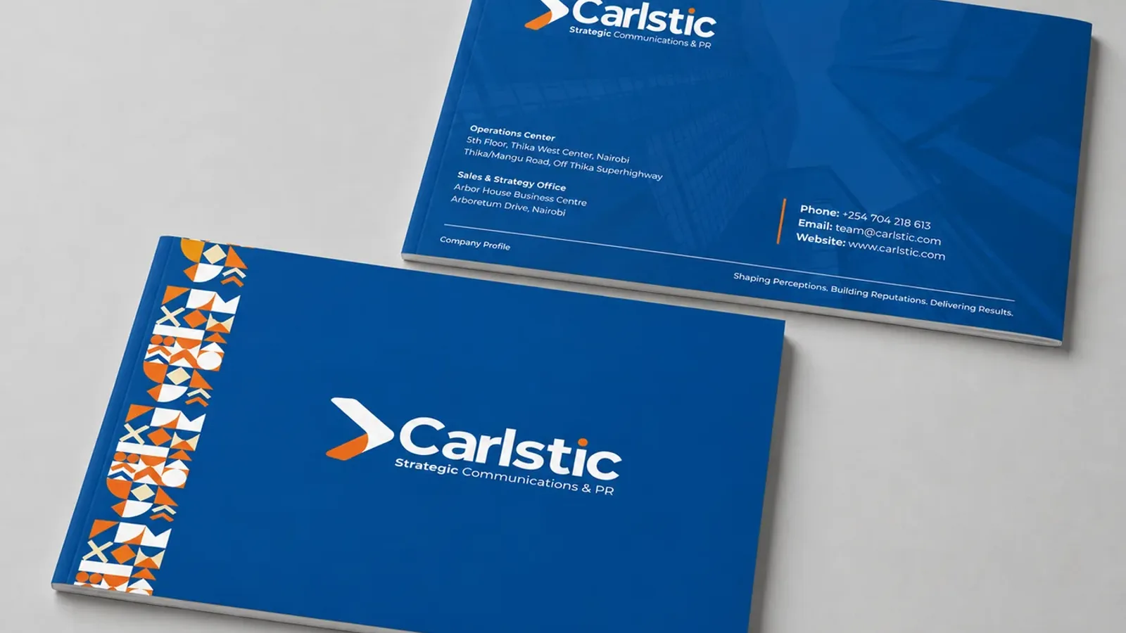 Branded corporate presentation folders designed by Bravura for Carlstic