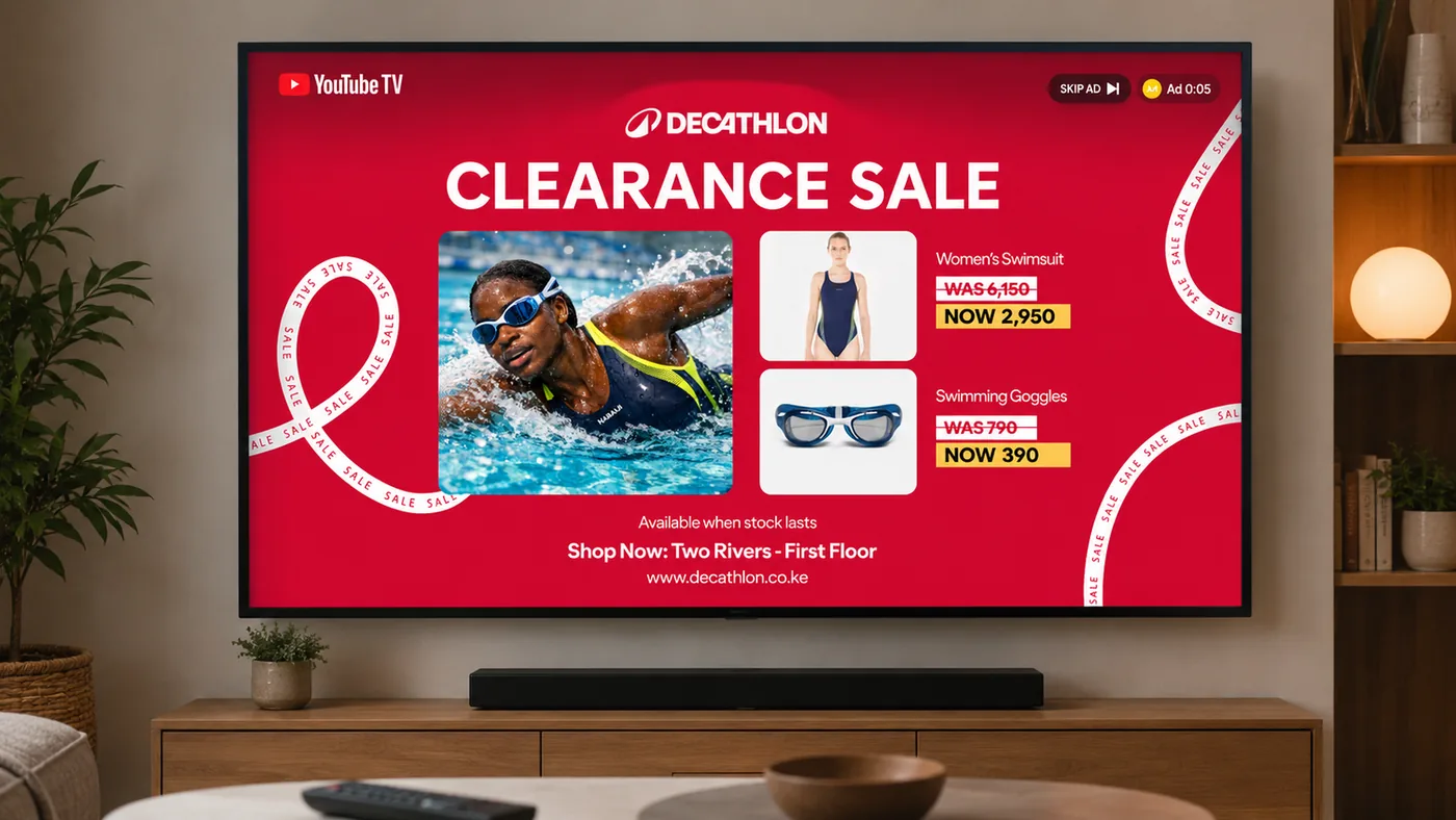 Decathlon clearance sale creative shown on a TV screen, by Bravura