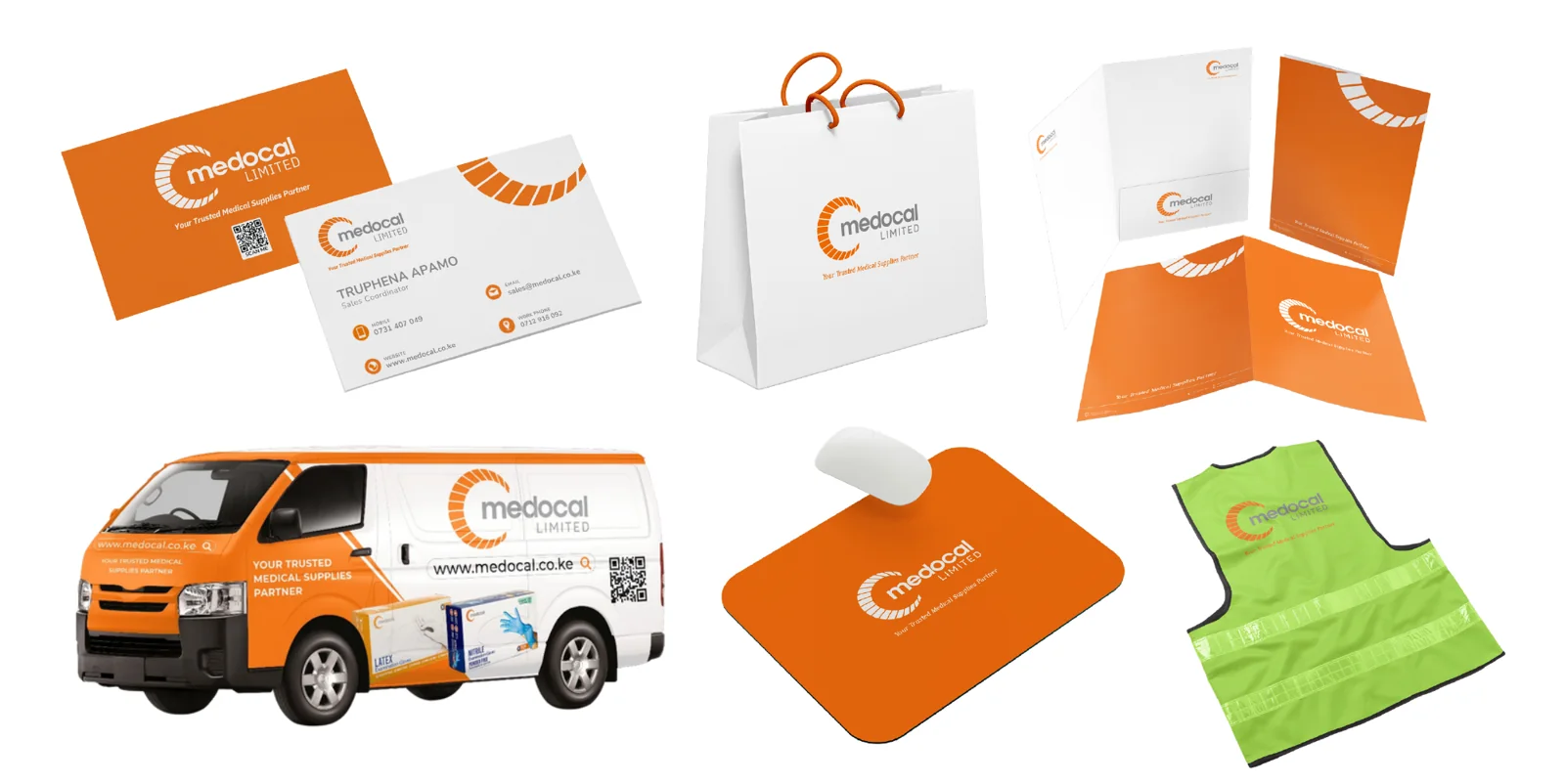 Medocal brand identity across stationery, van and merchandise