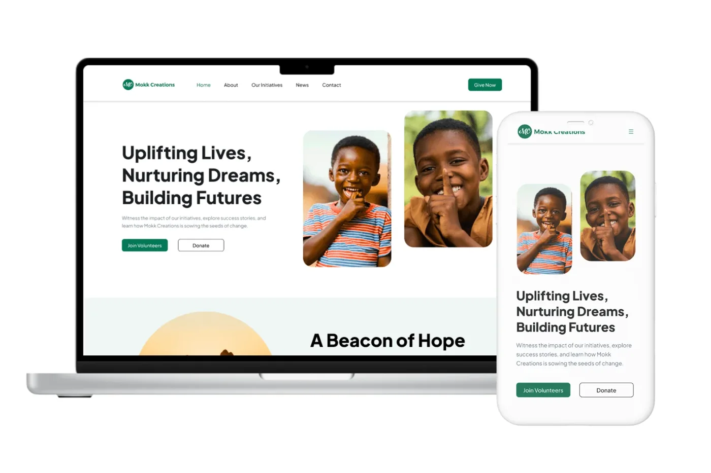 Children's organisation website on laptop and phone