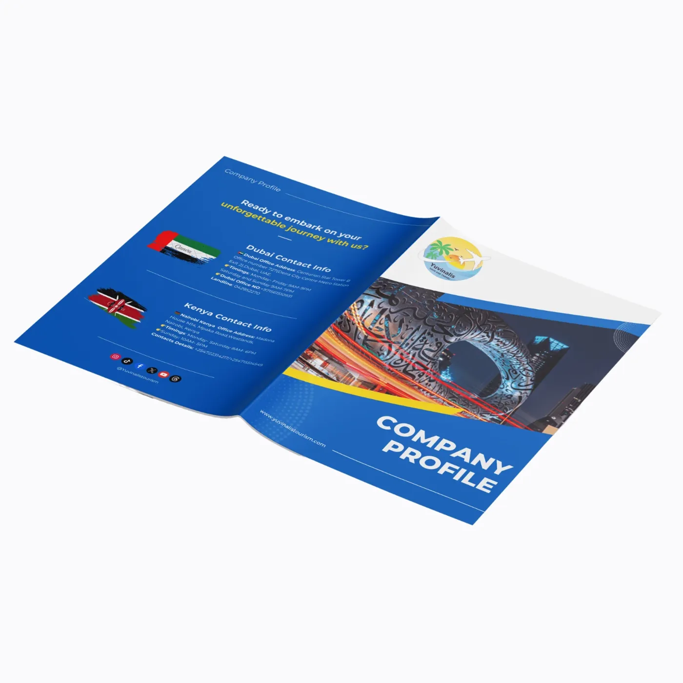 Company profile spread with Kenya and UAE office details