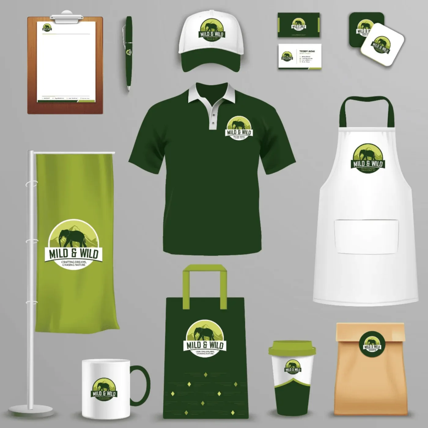 Mild & Wild branding applied to uniforms, cups, bags and signage